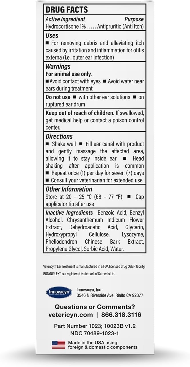 Vetericyn Triple-Action Ear Treatment for Dogs & Cats - 1% Hydrocortisone Ear Drops for Dog Ear Infection Relief - Fast Itch Relief & Healing with Otizyme Blend. 1.5 Ounce