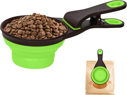 Collapsible Silicone Dog Food Scoop Foldable Pet Food Measuring Cup with Bag Clip 3 in 1 Multi-Function Silicone Dog Food Scooper (Green, Medium)