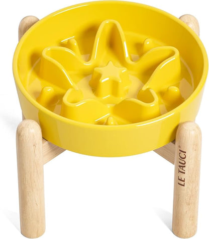 LE TAUCI Ceramic Slow Feeder Dog Bowls Elevated, 0.6 Cups Raised Dog Bowl with Wooden Stand for Small Breed, Pet Dishes to Slow Down Eating, Puzzle Cat Food Bowl, Star Yellow