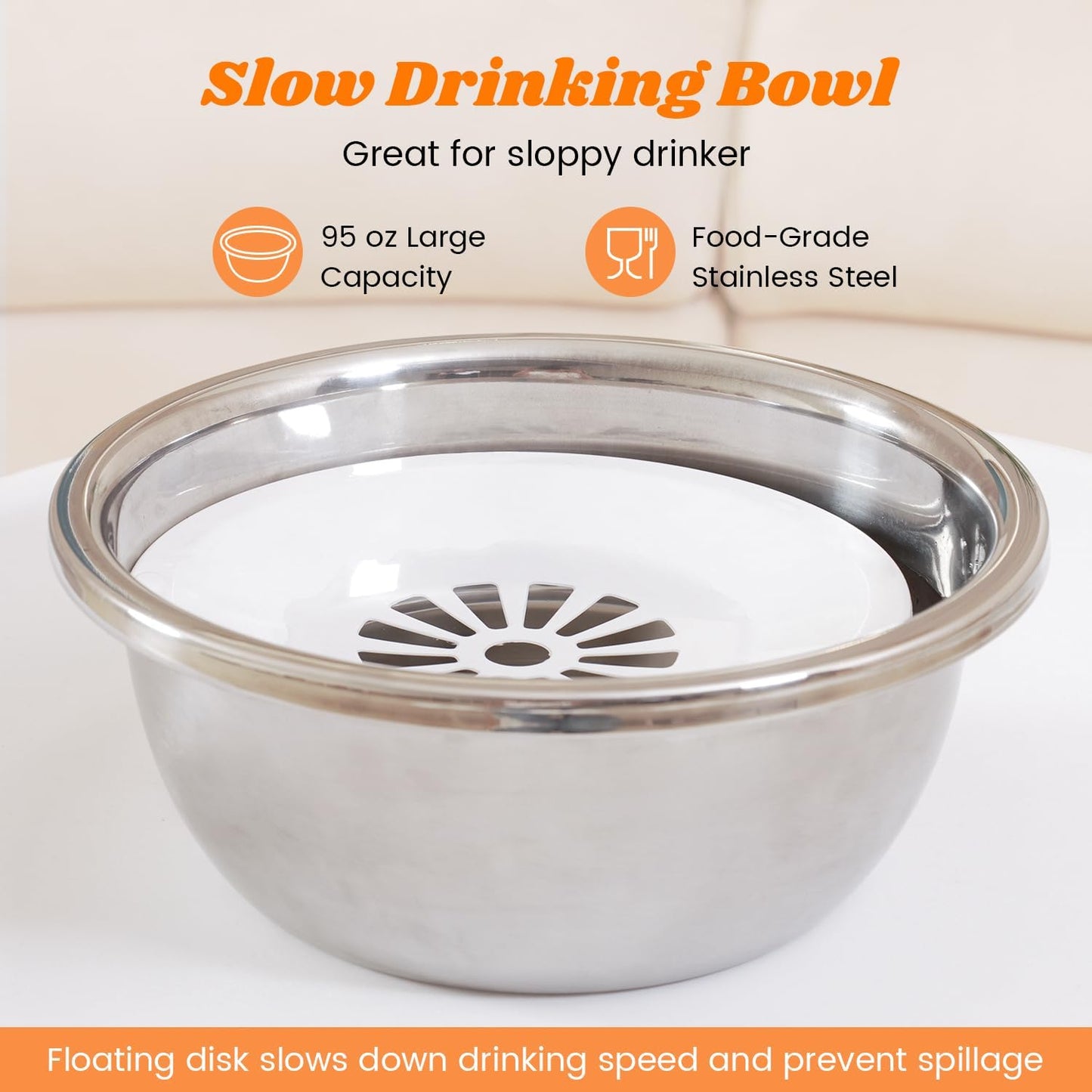 Pawque Raised 95oz Slow Drinking Dog Water Bowl No Spill for Medium Large Breed, Single Elevated Stainless Steel Water Bowl with Floating Disc, Stable Sturdy Base and Snap on Adjustable Height Stand