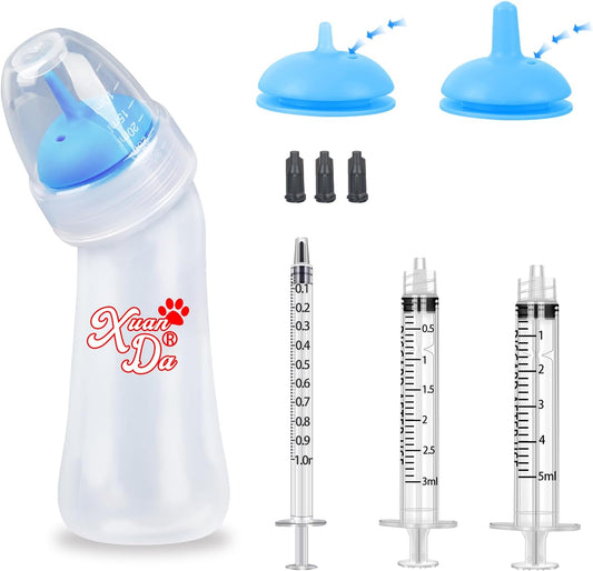 Pet Feeding Bottle and Syringes, 3 Sizes Nipples with Ventilation Valve Resistant Tearing Perfect for Puppies, Kittens, Small Wildlife (Blue)