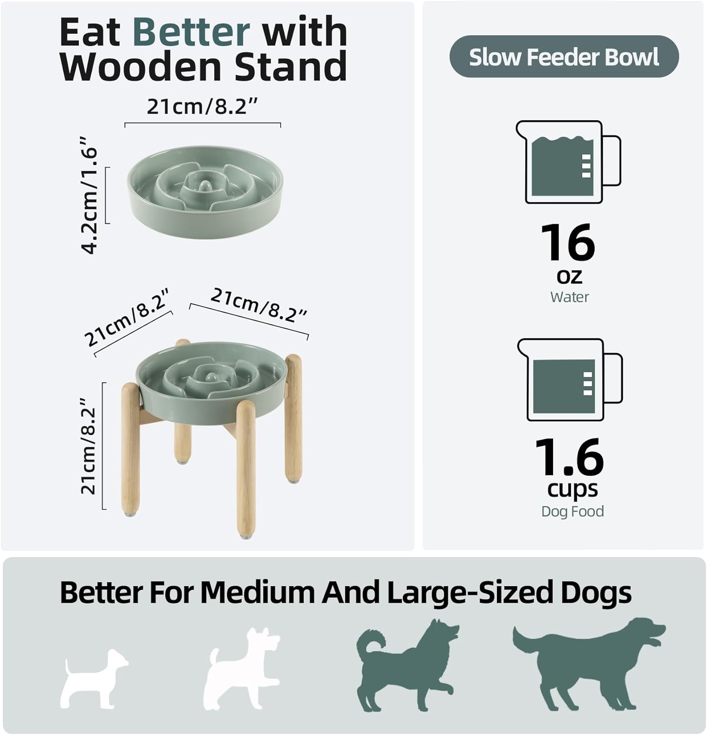 Ceramic 1.6 Cup Raised Slow Feeder Dog Bowl Set, Elevated Wooden Stand for Medium and Large Dog, 8.2inch Puzzle Slow Dish, Anti-Gulping(Light Green, Single Bowl+ Stand)