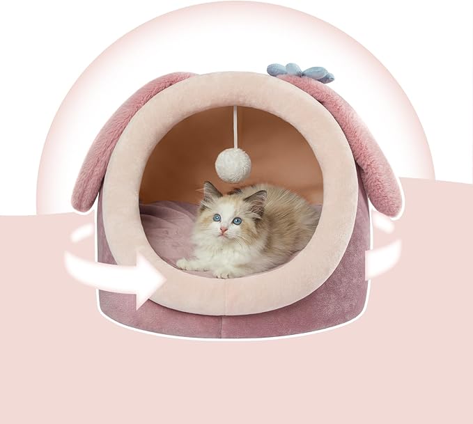 Jiupety Cute Cat Bed for Indoor, Cats Warm Soft Cave Fit for Cat Up to 16 Lb and Puppy, Pink Rabbit, M