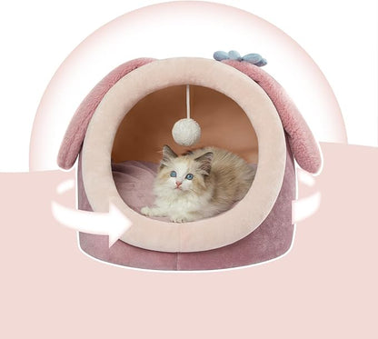 Jiupety Cute Cat Bed for Indoor, Cats Warm Soft Cave Fit for Cat Up to 16 Lb and Puppy, Pink Rabbit, M