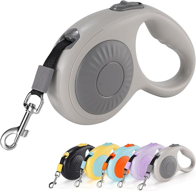 JSXD 360° Tangle-Free Retractable Dog Leash with One-Handed Brake, Pause, Lock, 10 ft Strong Nylon Tape Pet Walking Leash,Suitable for Cats, Small and Medium Dogs up to 66 lbs (Grey, 10 ft)