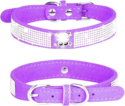 Rhinestone Dog Collar, Cute Dazzling Sparkling Soft Suede Leather Adjustable Pet Dog Cat Collar Crystal Diamond for Puppy Small Medium Large Dogs (S:26-32cm, Purple-5)