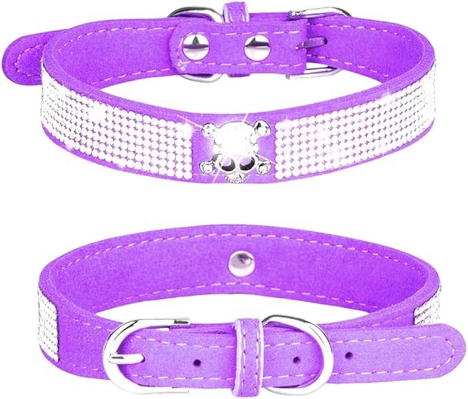 Rhinestone Dog Collar, Cute Dazzling Sparkling Soft Suede Leather Adjustable Pet Dog Cat Collar Crystal Diamond for Puppy Small Medium Large Dogs (XS:21-26cm, Purple-5)