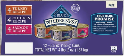 Blue Buffalo Wilderness High Protein, Natural Adult Pate Wet Cat Food Variety Pack, Chicken, Salmon, Turkey 5.5-oz can (12 count - 4 of Each Flavor)