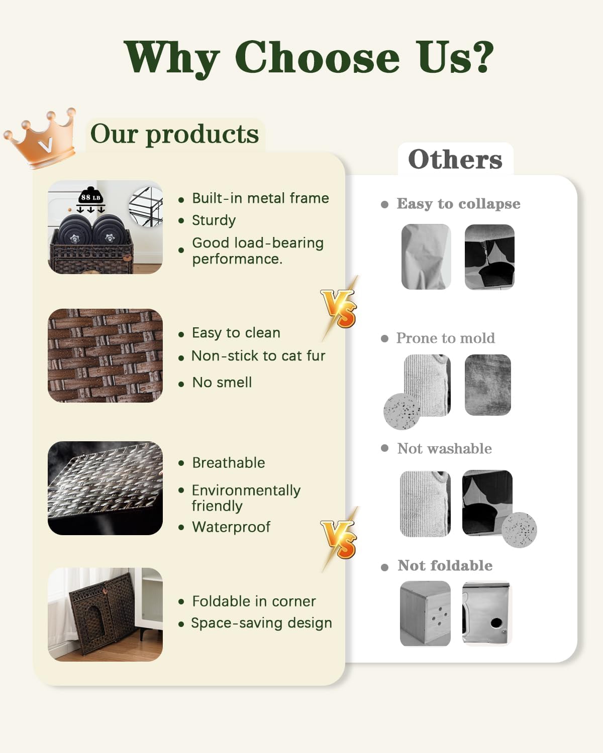 Cat Beds for Indoor Cats Extra Large Double Cat Cave Pet Cube, Handwoven Rattan Cat Houses with Double-Sided Soft Cushions, 18.5 x 20.5 x 19.1 Inches Foldable Hideaway in Living Room Brown