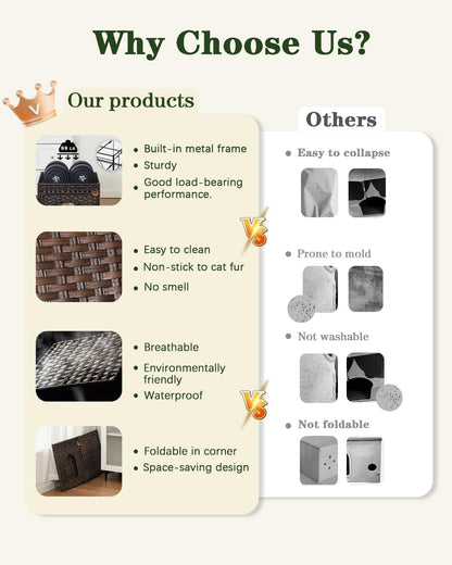 Cat Beds for Indoor Cats Extra Large Double Cat Cave Pet Cube, Handwoven Rattan Cat Houses with Double-Sided Soft Cushions, 18.5 x 20.5 x 19.1 Inches Foldable Hideaway in Living Room Brown