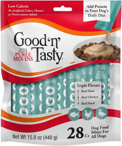 Good 'n' Tasty Triple Flavor Puree Mix-Ins Dog Food Topper Treats for All Dogs, 28 Count, Easy Single-Serve Portions, Added Protein with Tuna, Chicken and Duck