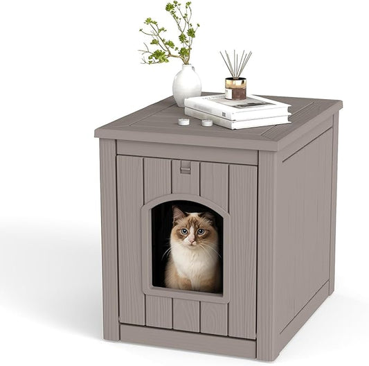 VIXZEN Cat House Resin Outdoor Cat House with Flip Lid Elevated Raised Floor Waterproof Easy Access Easy Assembly Easy to Clean Cat Houses for Outdoor Cats,Gray