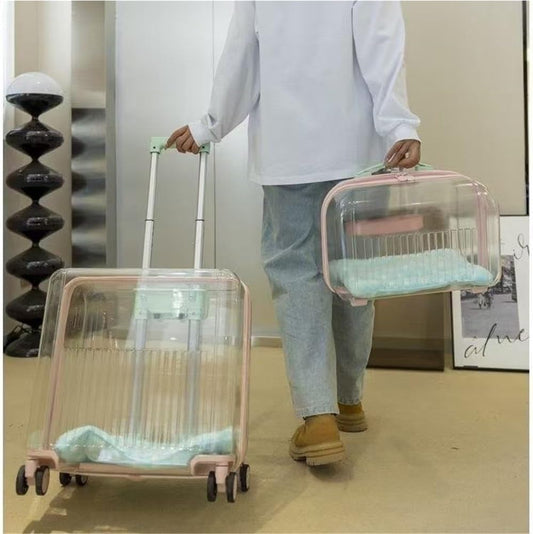 Rolling Pet Trolley Case, Portable Hard Shell Pet Carrier, Clear Plastic Cat Travel Box, Suitable for Cats and Dogs(Pink,11.4 * 16.1 * 25.2in)