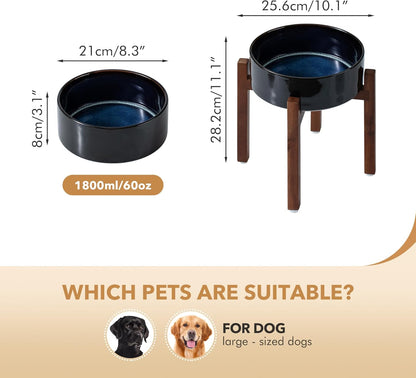 Ceramic 8.2inch Raised Dog Bowl Set, Elevated with Acacia Wood Stand, Food and Water Bowl for Large Breed Dogs, Weighted Pet Dishes(60oz, Starry Sky)
