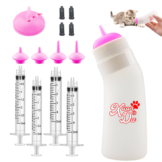 Pet Feeding Nipple with Syringe, Soft Silicone Nursing Pet Feeding Bottle, Ventilation Valve Resistant Tearing for Puppies, Kittens, Rabbit, Small Wildlife (S Nipple,Pink)