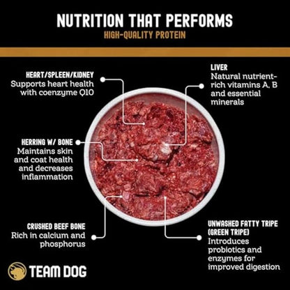 Team Dog Raw Frozen Dog Food | 65% Beef Muscle, Organ Meats, Herring & Green Tripe for Dogs | All Natural Grain Free Dog Food for Optimal Health, Digestion & Coat | 16 x 1lb Rolls