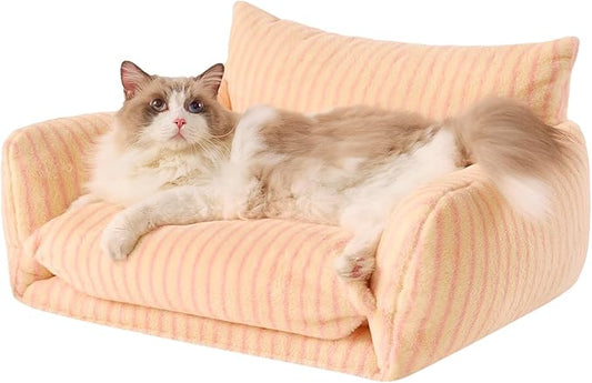 Hollypet Cat Bed Fluffy Plush Mutifuctional Double-Layer Soft Pet Couch Orthopedic Sofa Nest Beds for Small Cats and Dogs, Pink Stripes (25x20x13 inch)