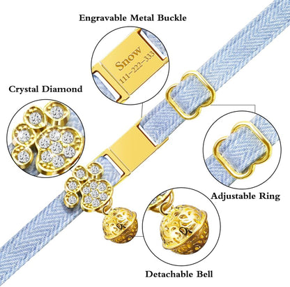 Personalized Breakaway Cat Collars - Magnetic Buckle, Bell - Safety Quick Release, Customized for Girls & Boys Cats- (Herringbone-Sky Blue)