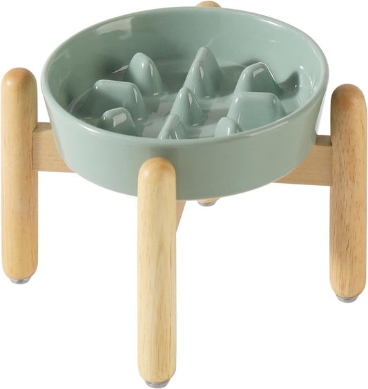 Ceramic 1.2 Cup Dog Raised Slow Feeder Set, Elevated Bowl with Wooden Stand for Medium and Small Dog, 7.3inch Slow Feeder Dish for Fast Easters(Light Green, Single Bowl+ Stand)