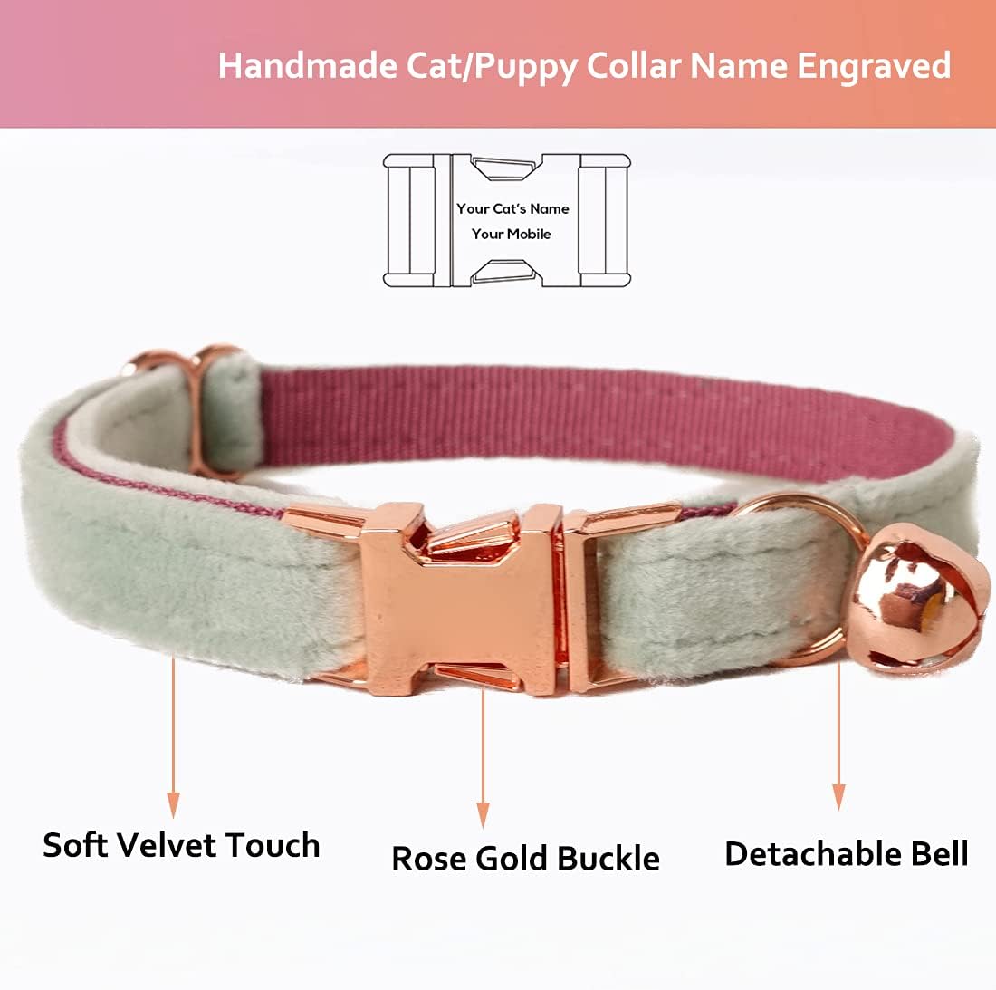 Cat Collar Personalized with Name Engraved and Bell, Customized Velvet Collars for Puppy Kittens (Mint Green, S)