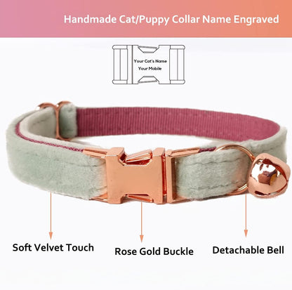 Cat Collar Personalized with Name Engraved and Bell, Customized Velvet Collars for Puppy Kittens (Mint Green, S)
