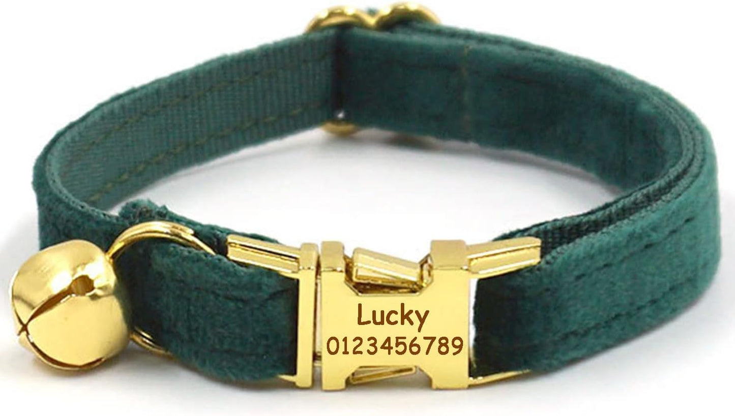 Personalized Cat Collar with Bells,Velvet Customized Small Cat Collar with Name Tag,Pet Collar with Name Phone Number Engraved ID Tags for Boy and Girl Kitten Cats (Christmas Green)