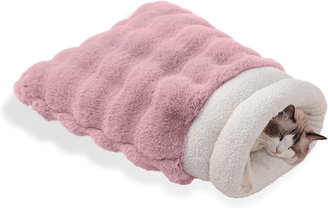 Cat Sleeping Bag for Indoor Cats Self Warming Cat Bed Fits up to 15 lbs Pets Soft Plush Warm Bed 360° Wrap Bag Washable Comfortable Pet Sleeping Bed 21" × 17" Pink