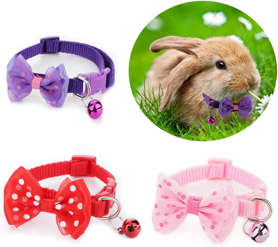 3 Pcs Rabbit Adjustable Collars with Bell, Guinea Pig Bow-Knot Cute Collar, Small Animal Exercise and Interaction Accessories (Colors May Vary)