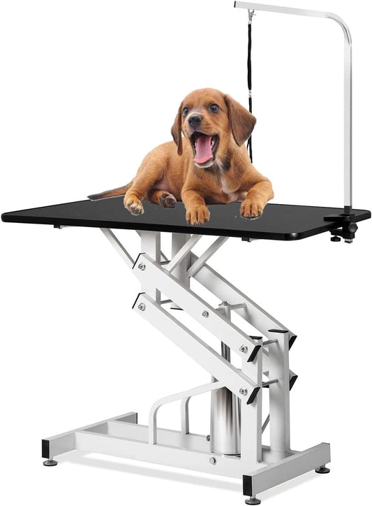 42.5" Hydraulic Dog Grooming Table for Large Dogs Heavy Duty Height Adjustable Dog Grooming Table with Overhead Arm & Noose Height Range 21-36 inch Black