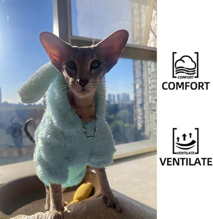 Stretchy Fuzzy 2-Leg Cat Hoodie Pajamas for Sphynx,Soft Fluffy Loungewear with Bunny Ears, Cozy Home Clothes for Hairless Cats, Winter Warm Outfit Sweater (Blue, M (3.5-5.5 lbs))