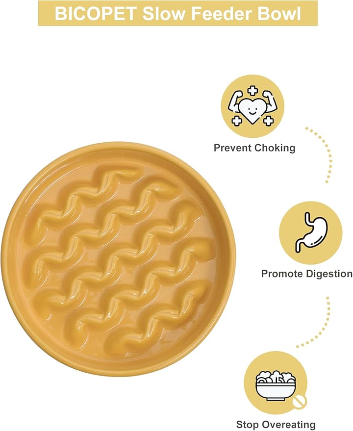 Ceramic Maze Dog Slow Feeder with Non-Slip Silicone Rim – Heavy-Duty Stoneware Bowl with Puzzle Pattern for Bloating & Obesity Prevention (Yellow-S)