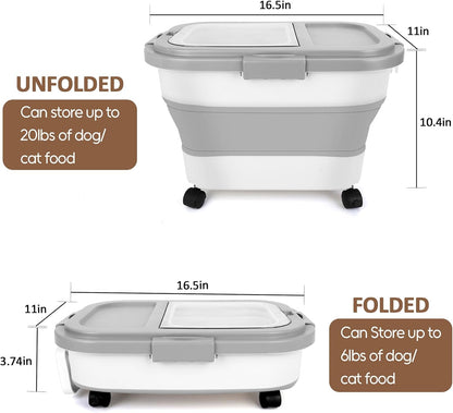 ShineMe 20Lbs Collapsible Pet Food Storage Container with Airtight Lid, Dog Food Storage Container with Measuring Scoop and Cup, Wheels & Handle for Easy Moving, Keep Dry Food Fresh (Grey)