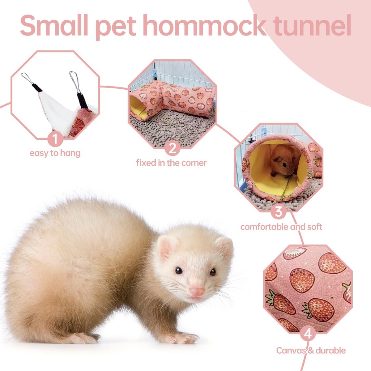 Rat Ferret Hammock Toys Cage Accessories, Guinea Pig Hideout Tunnel, Warm Bed for Rat Ferret Guinea Pig Sleep Hide and Play (1.Hammock+Corner Tunnel)