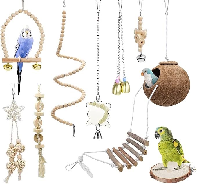 9-Piece Parrots Chewing Toy Set - Natural Wood & Rope Bungee Toys for Anchovies, Coconut Hideaway with Ladder, Bird Perch Stand, Cage Accessories for Parakeets, Cockatiel, Conure, Mynah, Macaw