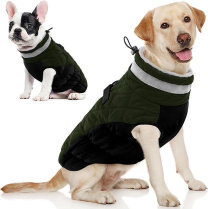 AOFITEE Dog Coat, Warm Dog Winter Coat, Reflective Cold Weather Dogs Puffer Jacket with Harness Built in, Waterproof Pet Fleece Vest Snowsuit for Small Medium Large Dogs, Green L