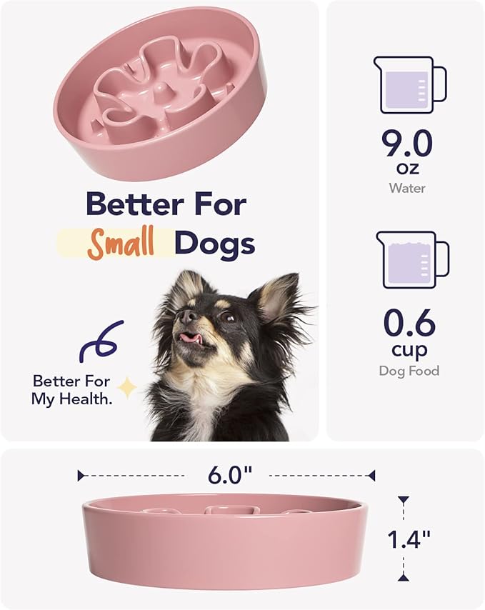 LE TAUCI Ceramic Slow Feeder Dog Bowls Small Breed, 0.6 Cups Dog Food Dish for Fast Eaters, Puzzle Bowl for Small Dogs and Cats,Pink Bloom