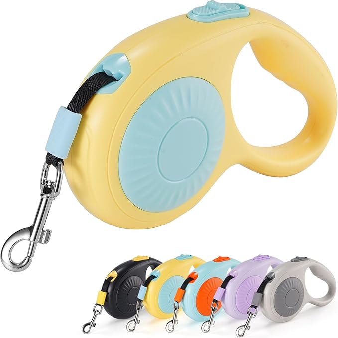 JSXD 360° Tangle-Free Retractable Dog Leash with One-Handed Brake, Pause, Lock, 10 ft Strong Nylon Tape Pet Walking Leash,Suitable for Cats, Small and Medium Dogs up to 66 lbs (Yellow, 10 ft)