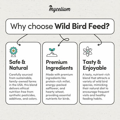 Mycelium Organic Wild Bird Feed (5 LB Bag) | Balanced Wild Bird Seed Mix for Turkeys, Pheasants, Quails & Cardinals | High-Energy Nutrition | Sifted, Non-GMO, Made in USA