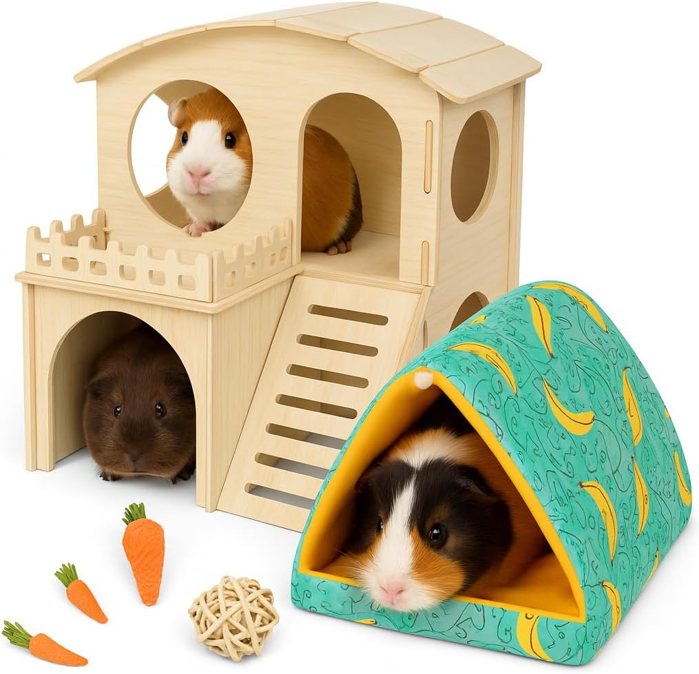 Large Guinea Pig Hideout with Wooden House, Toys & Accessories – Includes Guinea Pig Bed, Castle Hideaway & Chew Toy Bundle with Wooden Hideout, House & Hut Indoor Habitat