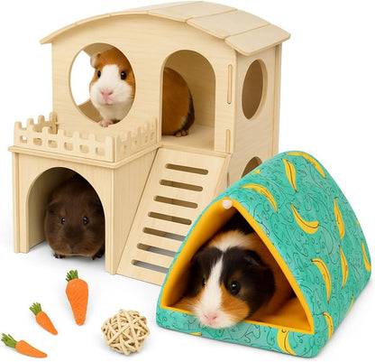 Large Guinea Pig Hideout with Wooden House, Toys & Accessories – Includes Guinea Pig Bed, Castle Hideaway & Chew Toy Bundle with Wooden Hideout, House & Hut Indoor Habitat