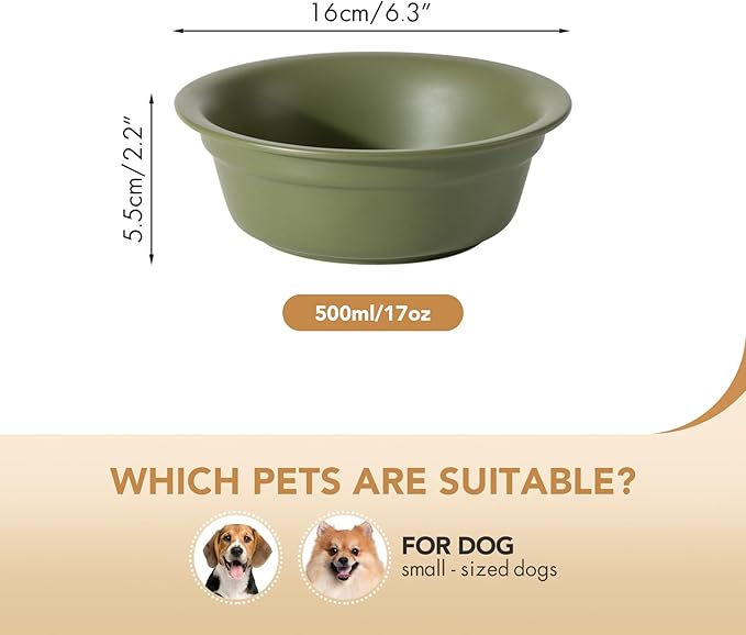 Ceramic 6.3inch Set of 2 Dog Bowls, 2pcs Basic Food and Water Dishes for Small and Medium Dogs, Wide Opening Rounded Edge (2 Bowls, Olive Green)