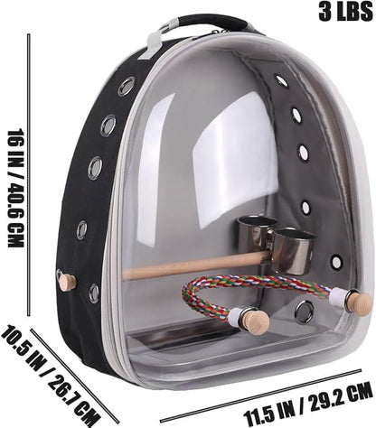Bird Traval Carrier Cage, Multi Vent Holes Clear Space Capsule Astronaut Backpack to Carry Parakeet Cockatiel Parrot with Metal Tray Wood Perch, Vet Transport Book Bag