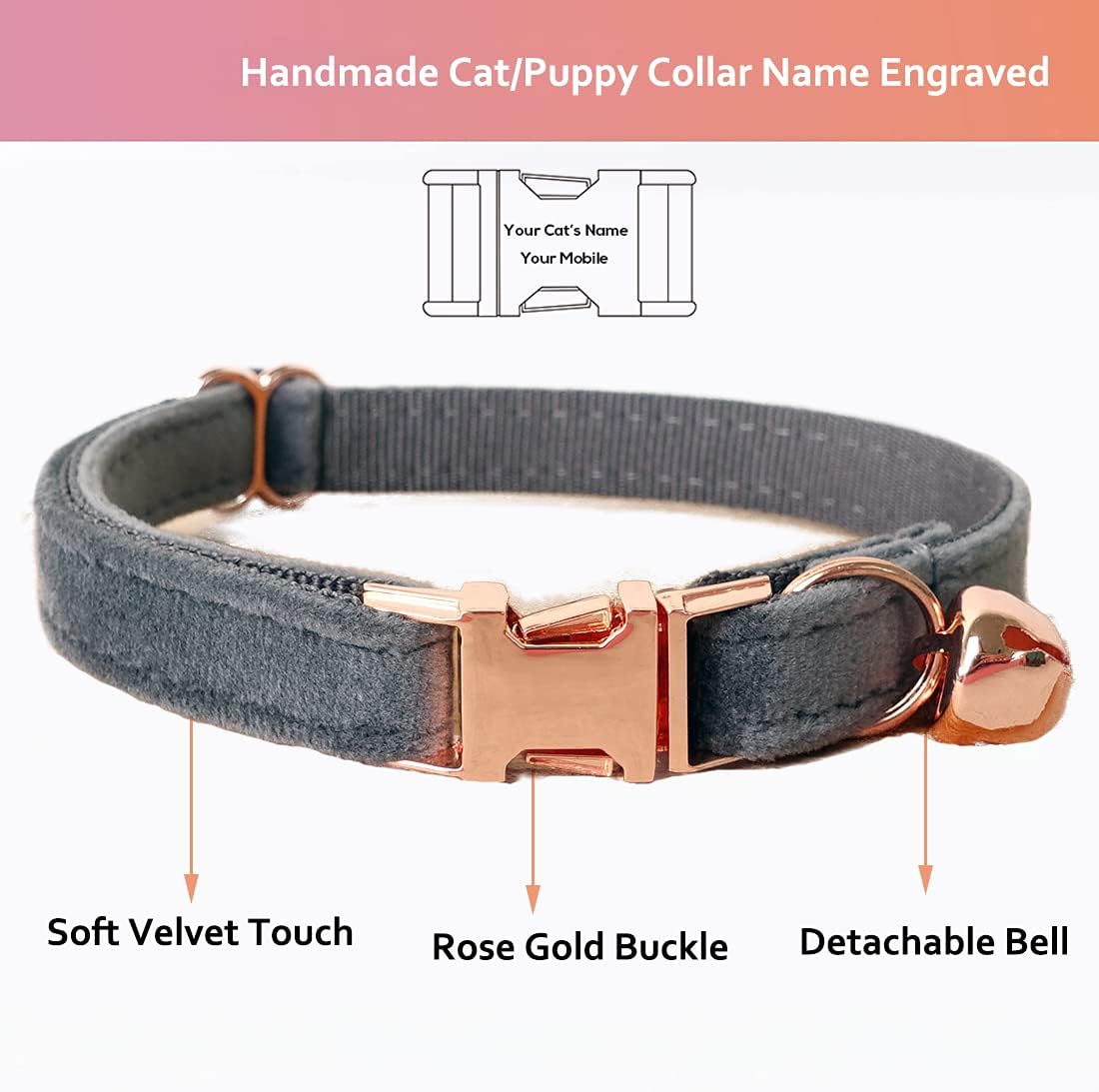 Cat Collar Personalized with Name Engraved and Bell, Customized Velvet Collars for Puppy Kittens (Grey, L)