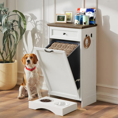 FIMELLO Dog Feeding Station, Tilt-Out Dog Food Storage Cabinet with Drawer,Pet Feeder Cabinet,White Grain