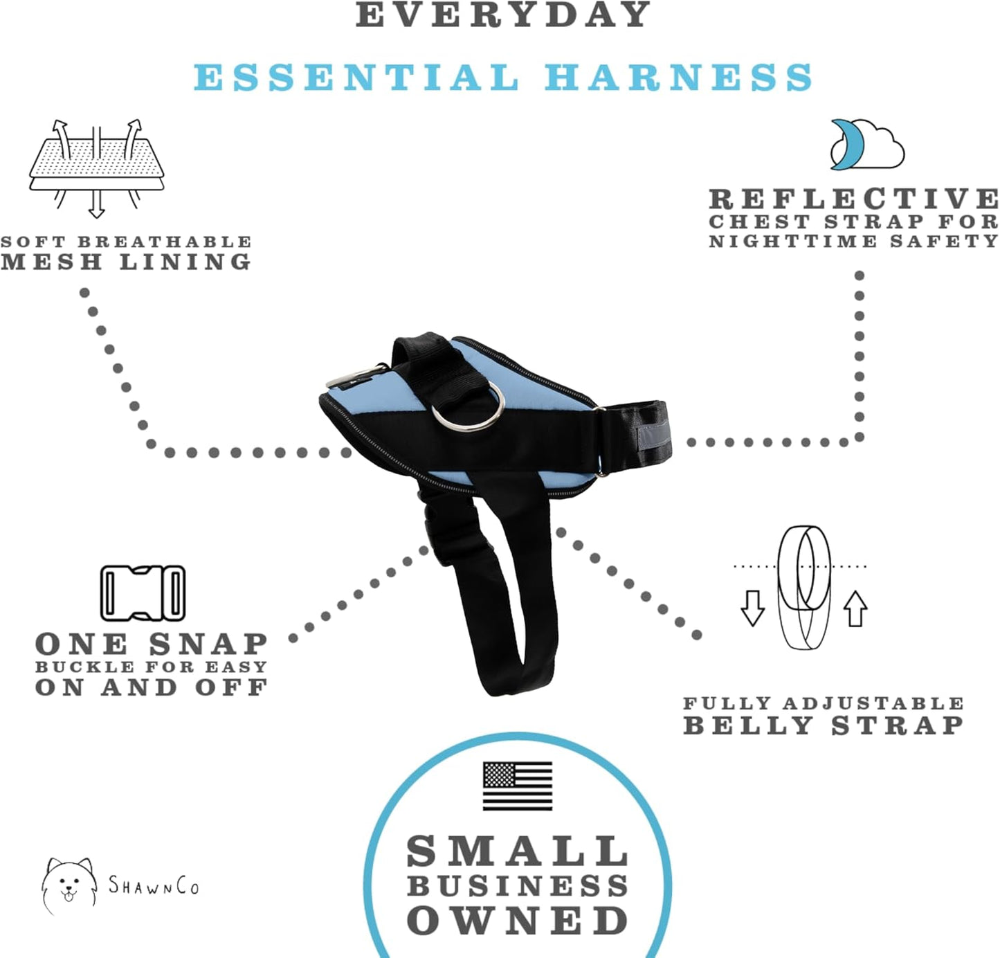 ShawnCo Essential Dog Harness, No-Pull Pet Vest with 3 Leash Clips, No Choke, Reflective, Adjustable and Padded, for Easy Walking and Training for Small, Medium and Large Dogs (Moonglow, M)