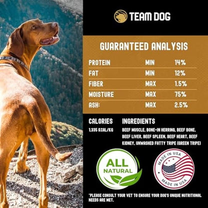 Team Dog Raw Frozen Dog Food | 65% Beef Muscle, Organ Meats, Herring & Green Tripe for Dogs | All Natural Grain Free Dog Food for Optimal Health, Digestion & Coat | 16 x 1lb Rolls