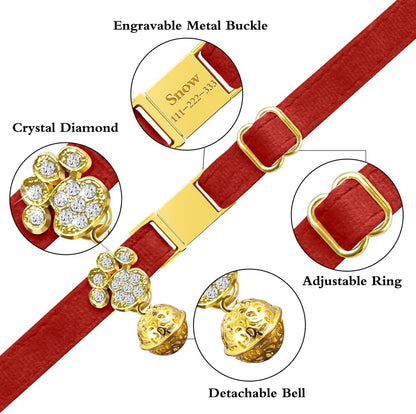Personalized Breakaway Cat Collars - Magnetic Buckle, Bell - Safety Quick Release, Customized for Girls & Boys Cats- (Velvet-Red)