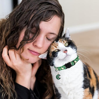 2Pcs Breakaway Cats Collars Cat Collars for Boy & Girl Cats Adjustable Kitten Collars with Bell,Black+Emerald,8"-13.1"