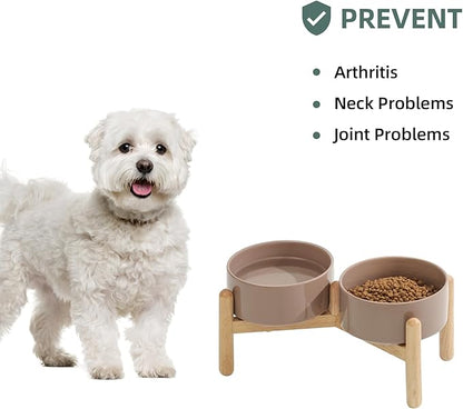 Ceramic 6.1inch Raised Dog Bowl with Stand for Small and Medium Breed Dog Dish Pet Food and Water Bowl (Double Bowl with Stand - Brown Coffee, 28oz)