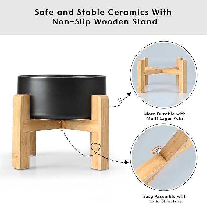 SPUNKYJUNKY Ceramic Elevated Dog Bowls 2 Pack - 6.1inch Raised Dog Bowls with Non-Slip Wooden Stand for Medium Dogs Dishwasher Safe(Black,28.7OZ*2)